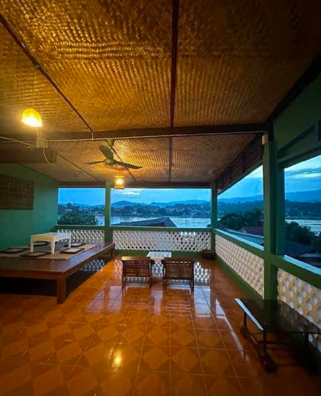 River-view terrace at the overnight stop